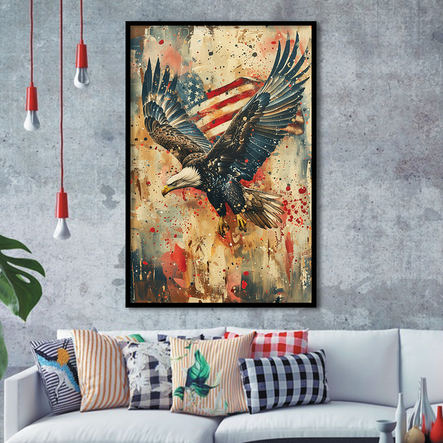 Bald Eagle Flying With American Flag Painting, Framed Art Prints Wall Art Decor, Framed Picture Print