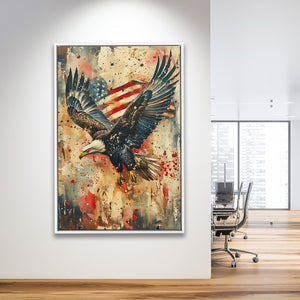 Bald Eagle Flying With American Flag Painting, Framed Canvas Prints Wall Art Decor, Floating Frame