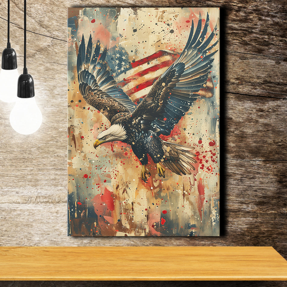 Bald Eagle Flying With American Flag Painting, Canvas Prints Wall Art Decor, Painting Canvas