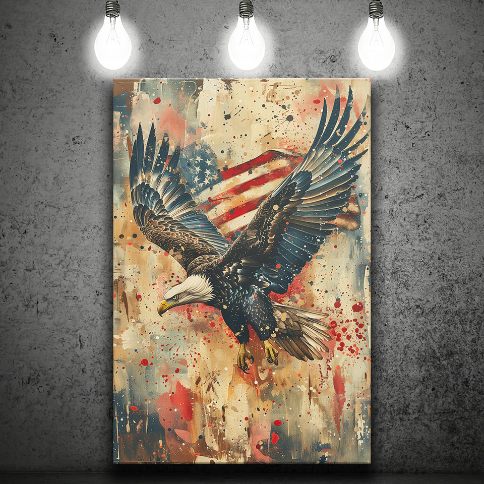Bald Eagle Flying With American Flag Painting, Canvas Prints Wall Art Decor, Painting Canvas