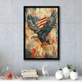 Bald Eagle Flying With American Flag Painting, Framed Canvas Prints Wall Art Decor, Floating Frame