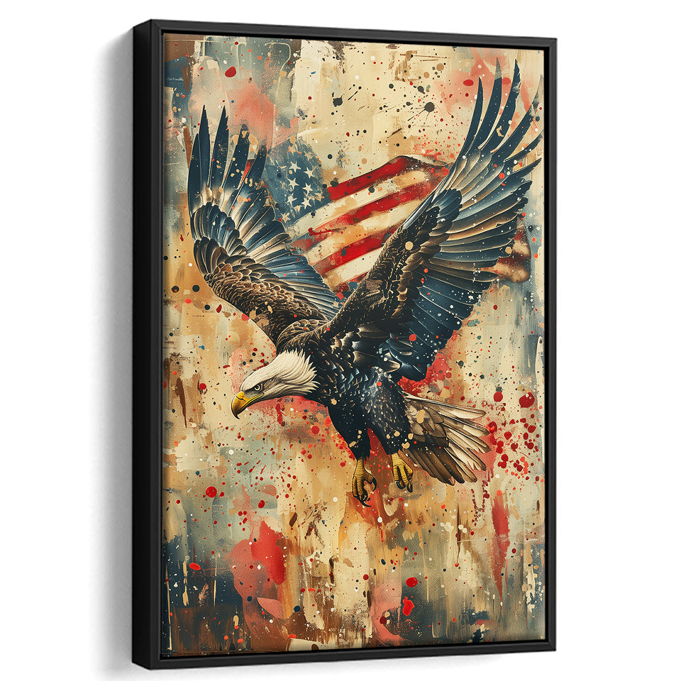 Bald Eagle Flying With American Flag Painting, Framed Canvas Prints Wall Art Decor, Floating Frame