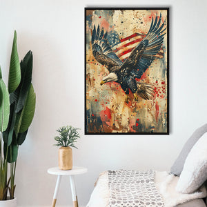 Bald Eagle Flying With American Flag Painting, Framed Canvas Prints Wall Art Decor, Floating Frame