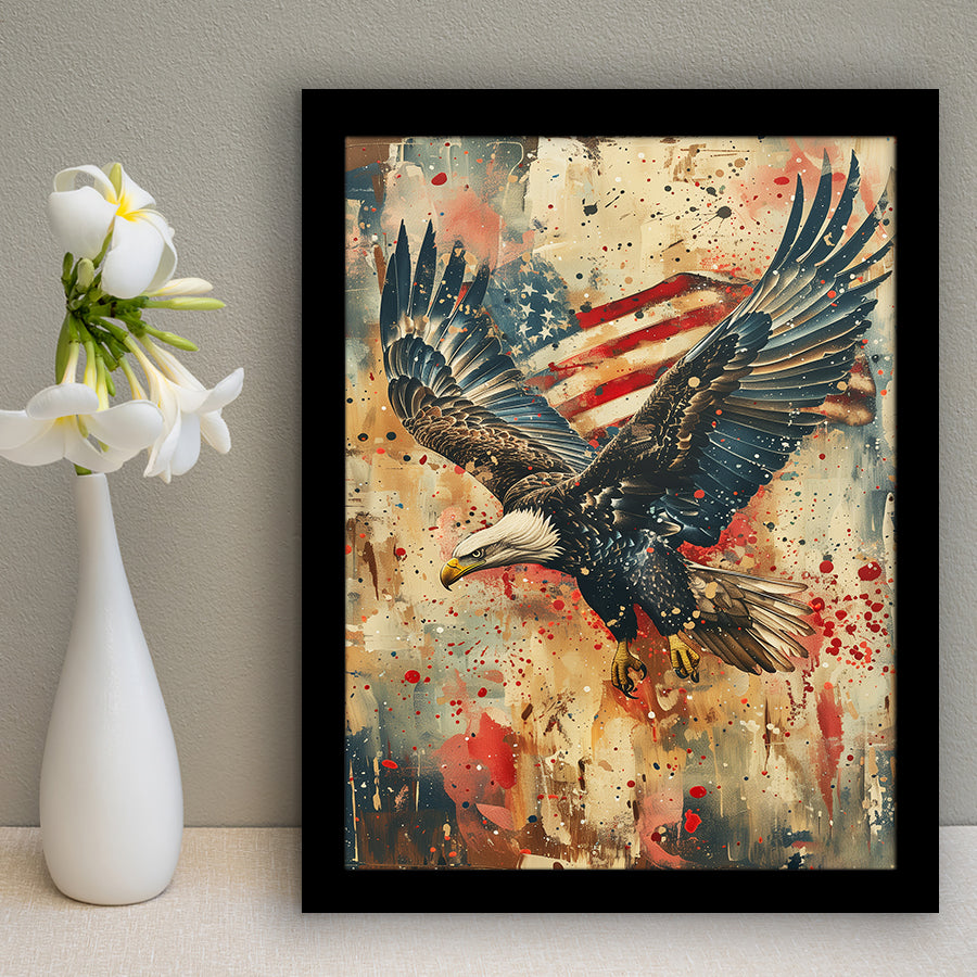 Bald Eagle Flying With American Flag Painting, Framed Art Prints Wall Art Decor, Framed Picture Print