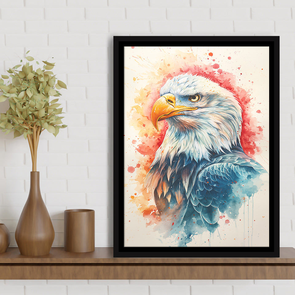 Bald Eagle Head Portrait Watercolor Painting Colorful, Framed Canvas Prints Wall Art Decor, Floating Frame