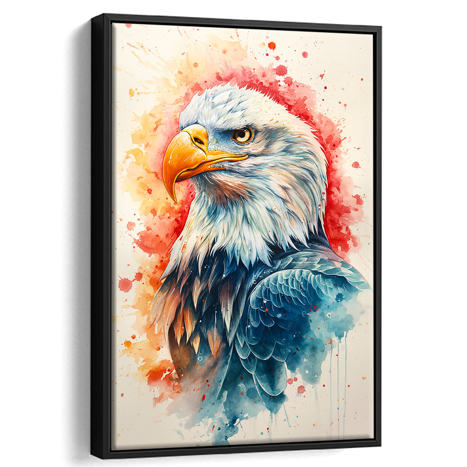 Bald Eagle Head Portrait Watercolor Painting Colorful, Framed Canvas Prints Wall Art Decor, Floating Frame