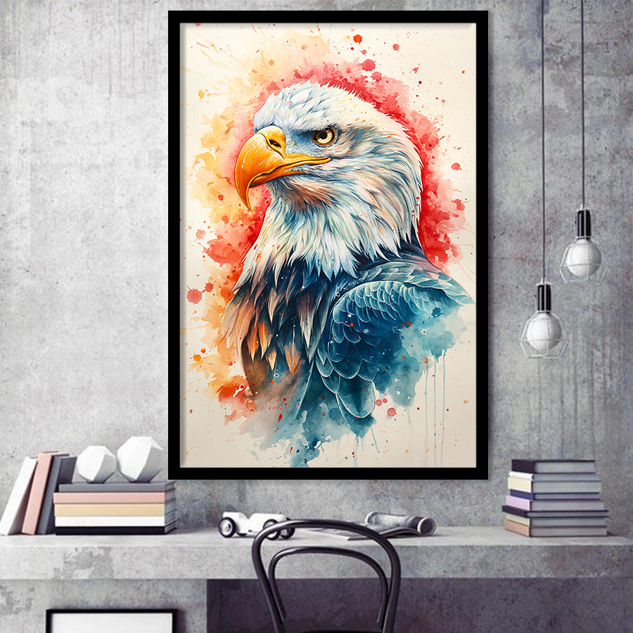 Bald Eagle Head Portrait Watercolor Painting Colorful, Framed Art Prints Wall Art Decor, Framed Picture Print