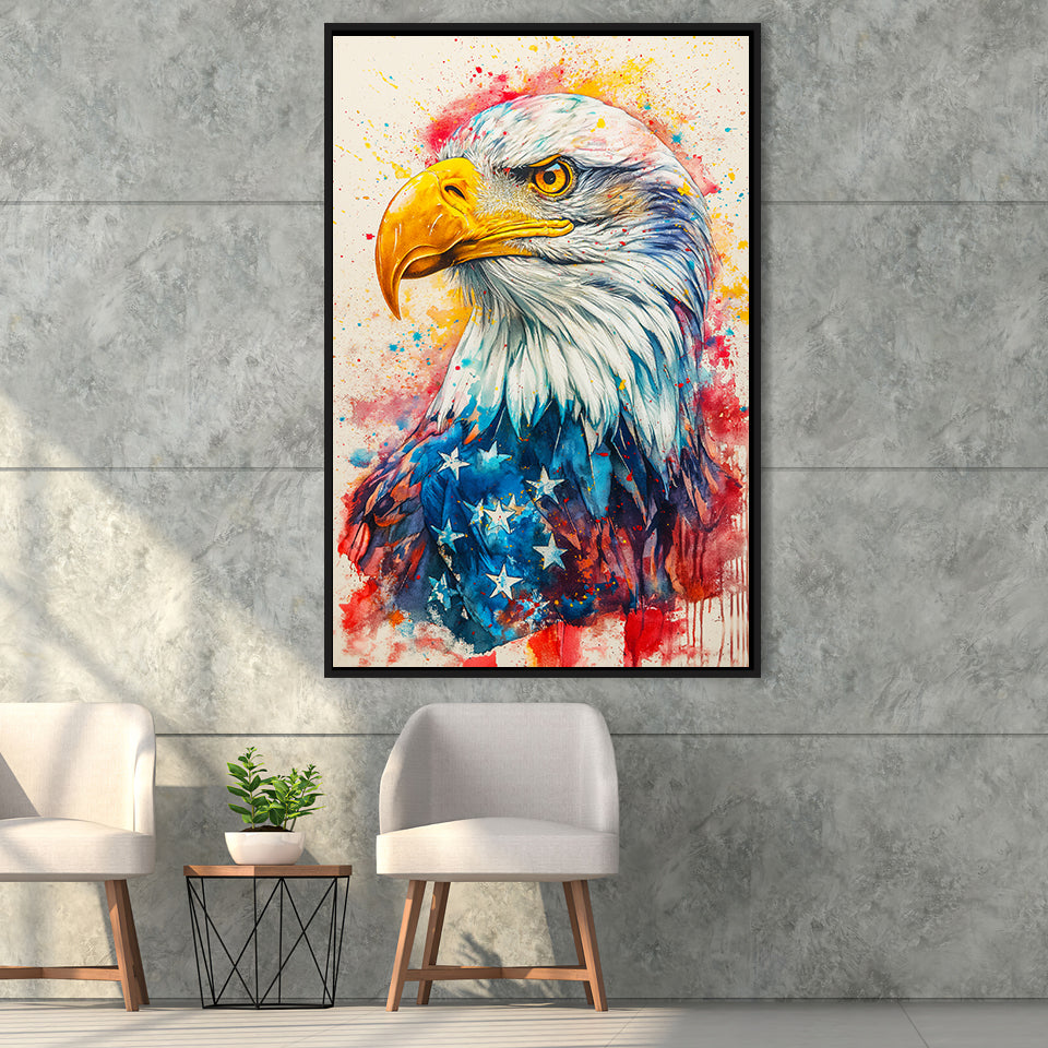 Bald Eagle Painting Mixed American Flag, Framed Canvas Prints Wall Art Decor, Floating Frame