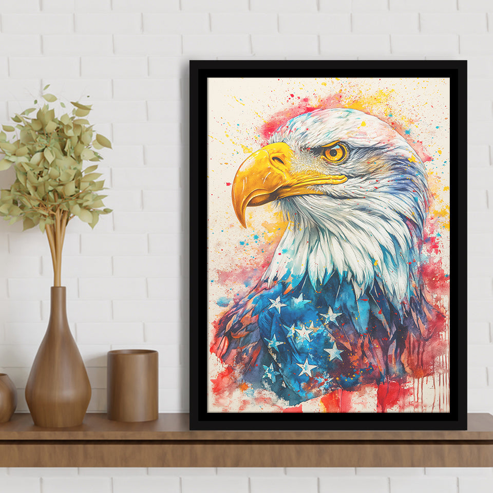 Bald Eagle Painting Mixed American Flag, Framed Canvas Prints Wall Art Decor, Floating Frame