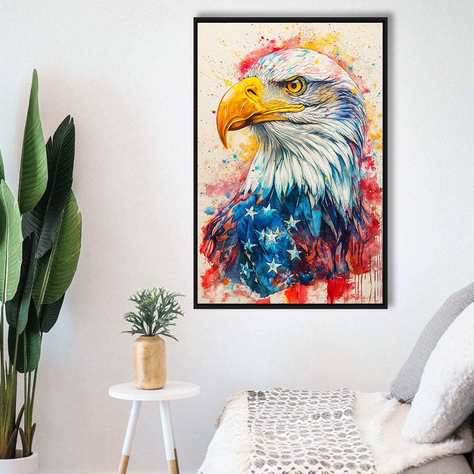 Bald Eagle Painting Mixed American Flag, Framed Canvas Prints Wall Art Decor, Floating Frame