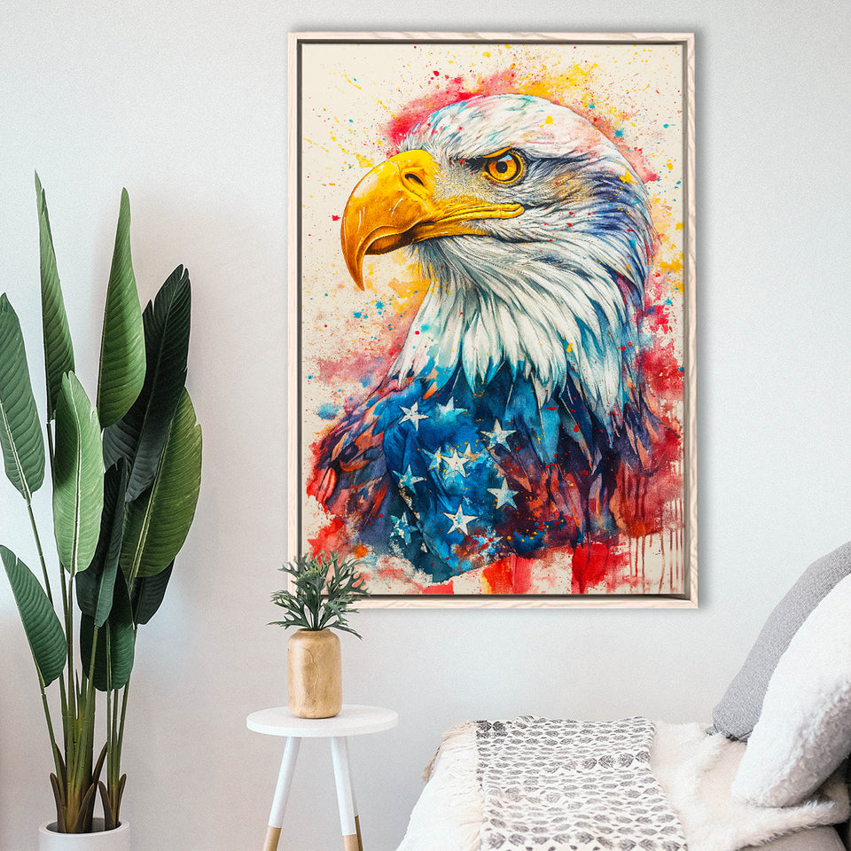 Bald Eagle Painting Mixed American Flag, Framed Canvas Prints Wall Art Decor, Floating Frame