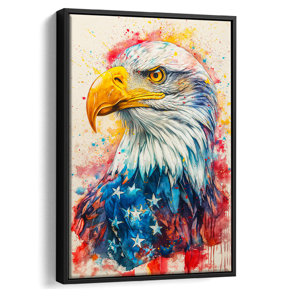 Bald Eagle Painting Mixed American Flag, Framed Canvas Prints Wall Art Decor, Floating Frame