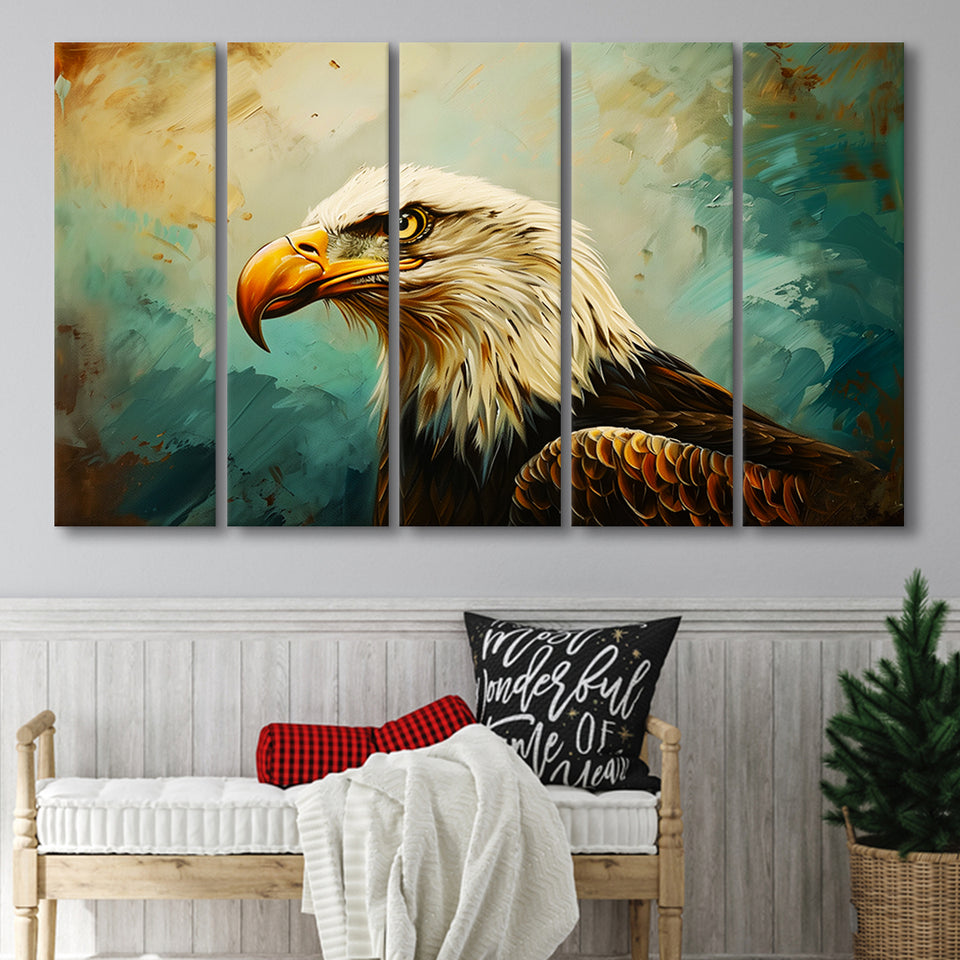 Bald Eagle Portraint Painting Art, Mixed 5 Panel B Canvas Print Wall Art Decor, Extra Large Painting Canvas