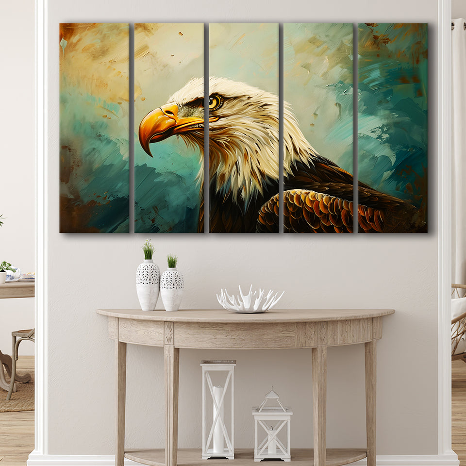 Bald Eagle Portraint Painting Art, Mixed 5 Panel B Canvas Print Wall Art Decor, Extra Large Painting Canvas