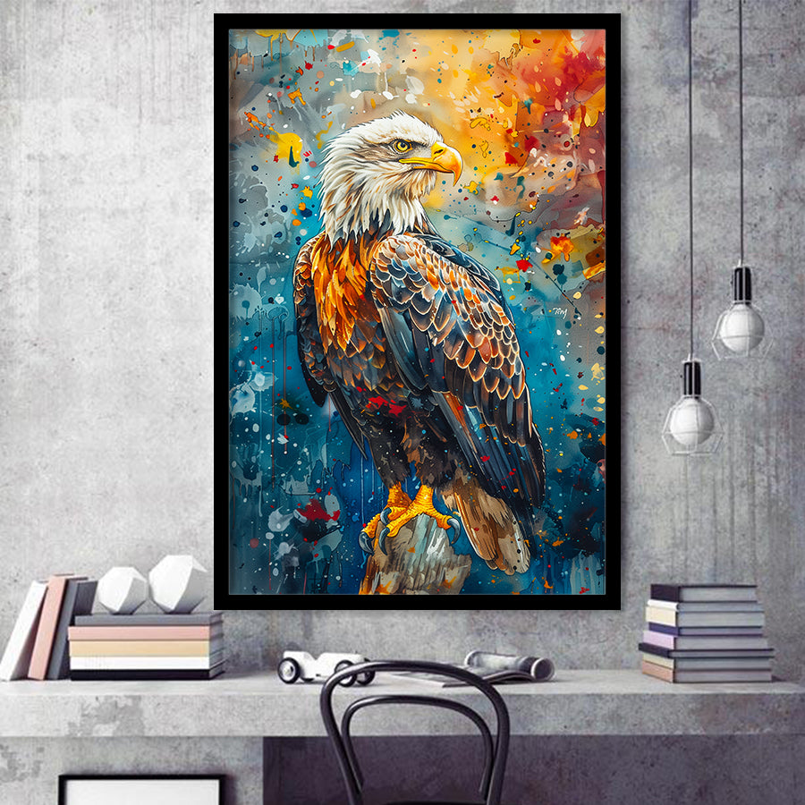 Bald Eagle Standing Art Watercolor Mixed Color, Framed Art Prints Wall Art Decor, Framed Picture Print