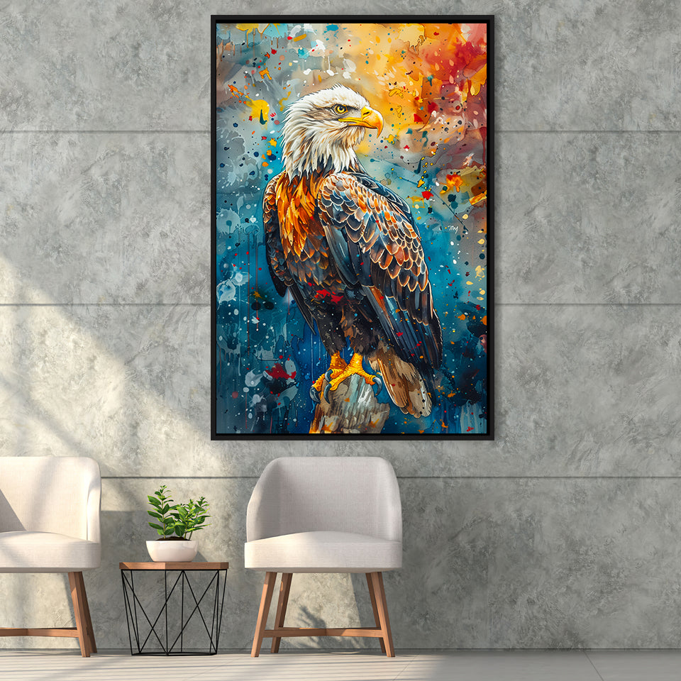 Bald Eagle Standing Art Watercolor Mixed Color, Framed Canvas Prints Wall Art Decor, Floating Frame