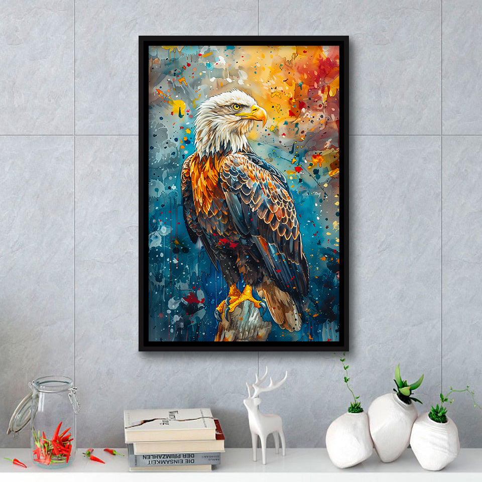 Bald Eagle Standing Art Watercolor Mixed Color, Framed Canvas Prints Wall Art Decor, Floating Frame