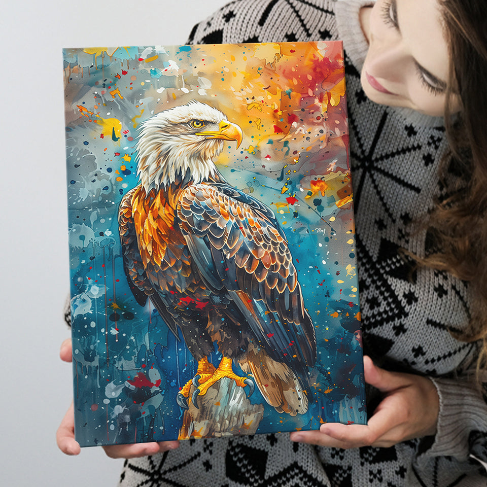 Bald Eagle Standing Art Watercolor Mixed Color, Canvas Prints Wall Art Decor, Painting Canvas