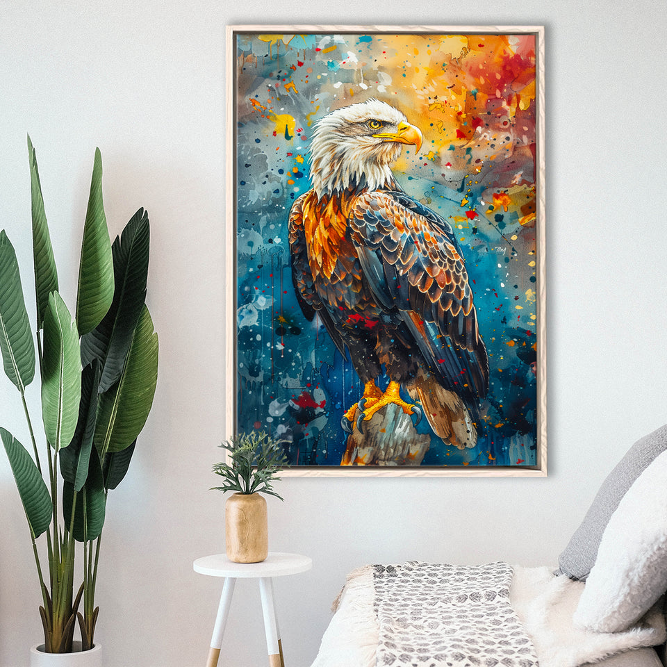 Bald Eagle Standing Art Watercolor Mixed Color, Framed Canvas Prints Wall Art Decor, Floating Frame