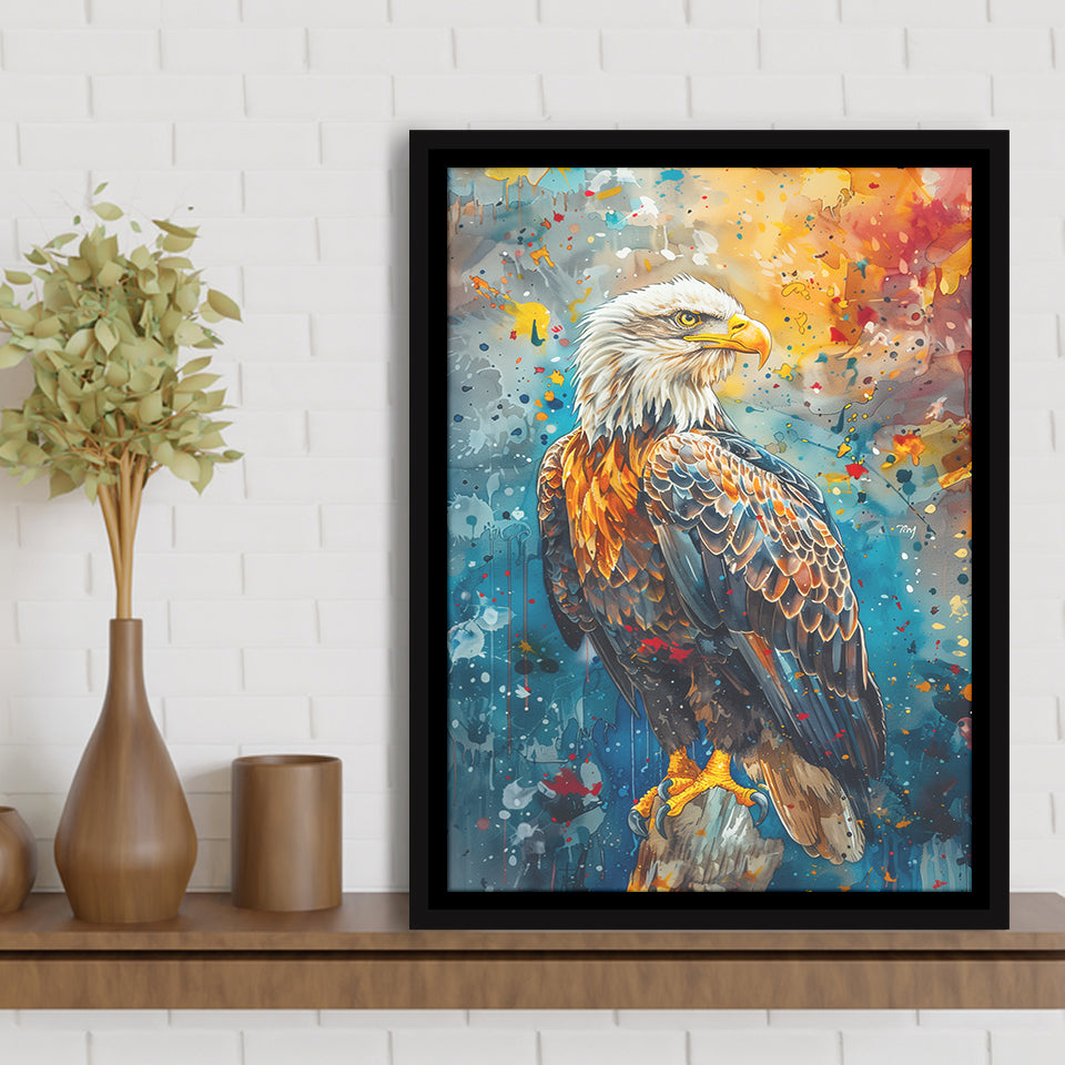 Bald Eagle Standing Art Watercolor Mixed Color, Framed Canvas Prints Wall Art Decor, Floating Frame