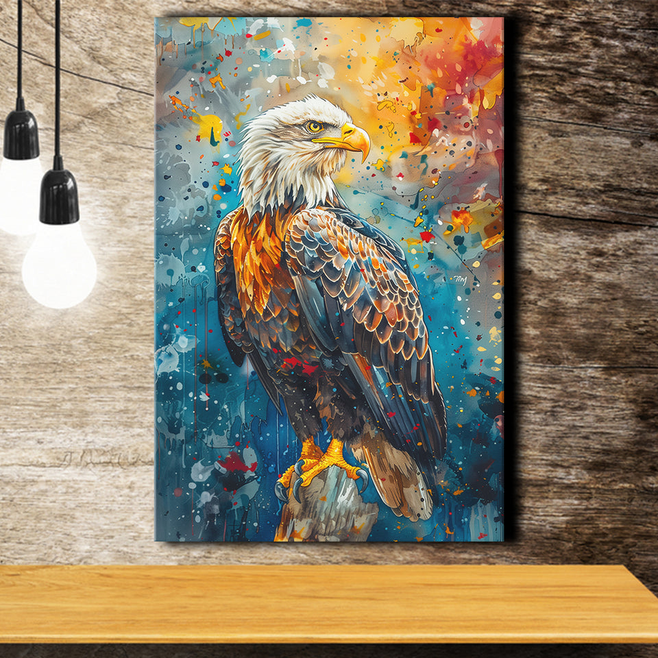 Bald Eagle Standing Art Watercolor Mixed Color, Canvas Prints Wall Art Decor, Painting Canvas