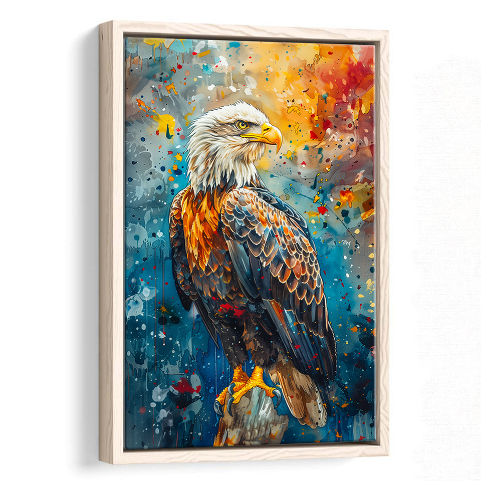 Bald Eagle Standing Art Watercolor Mixed Color, Framed Canvas Prints Wall Art Decor, Floating Frame