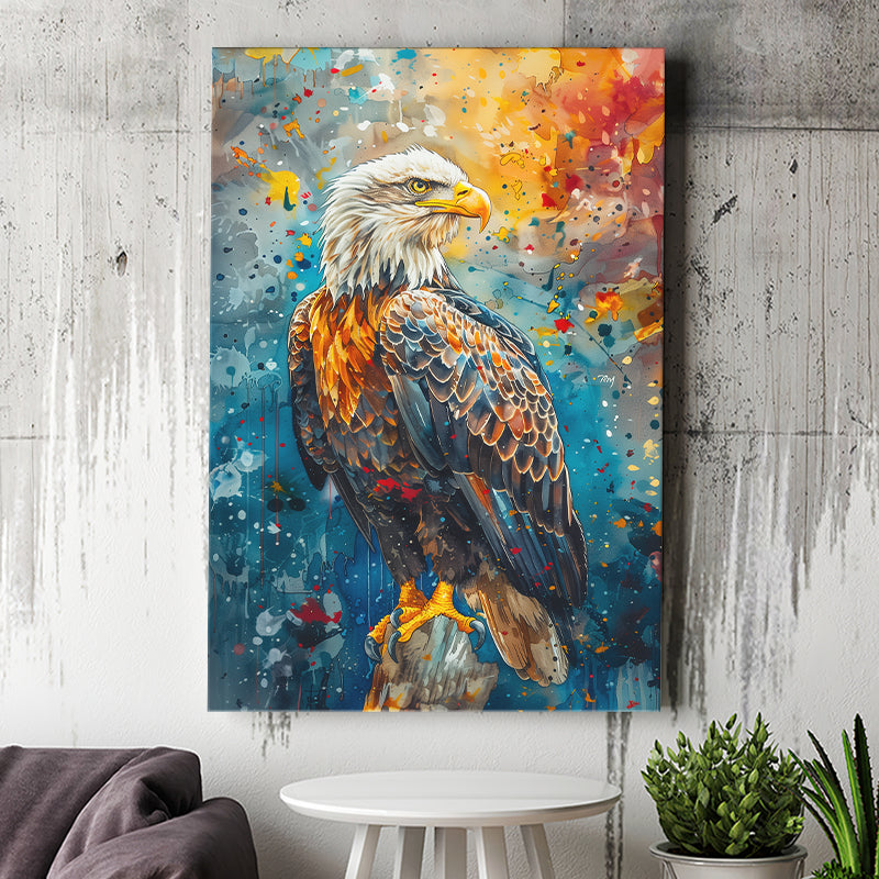 Bald Eagle Standing Art Watercolor Mixed Color, Canvas Prints Wall Art Decor, Painting Canvas