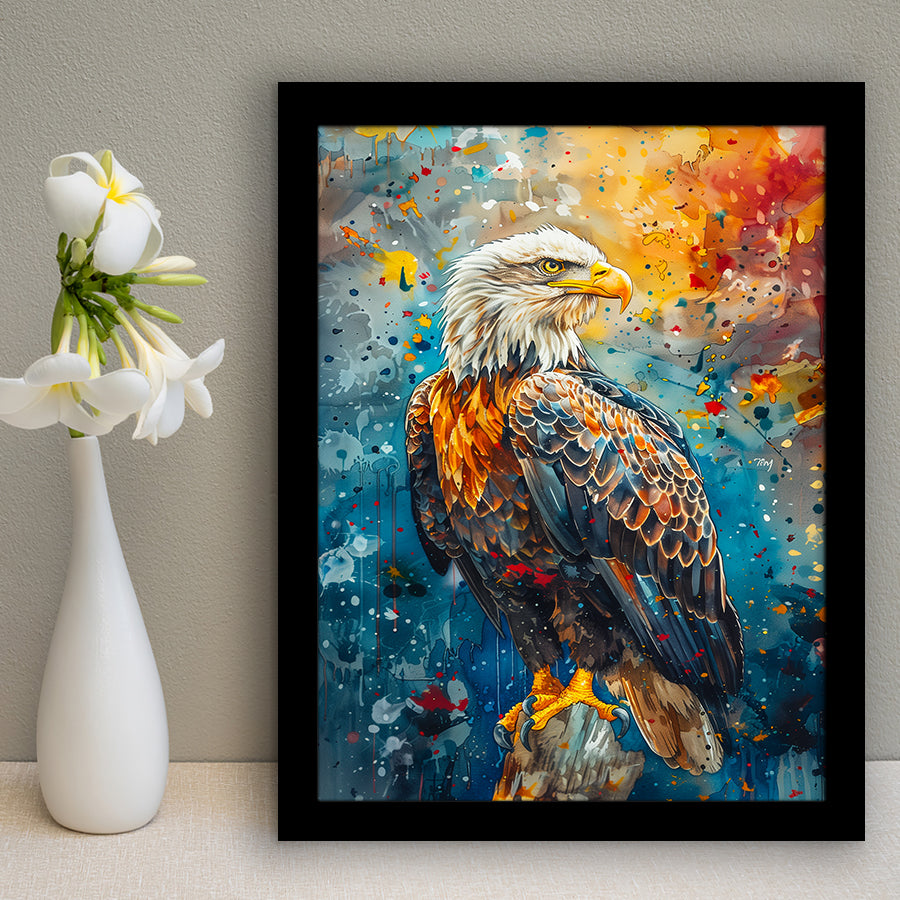 Bald Eagle Standing Art Watercolor Mixed Color, Framed Art Prints Wall Art Decor, Framed Picture Print