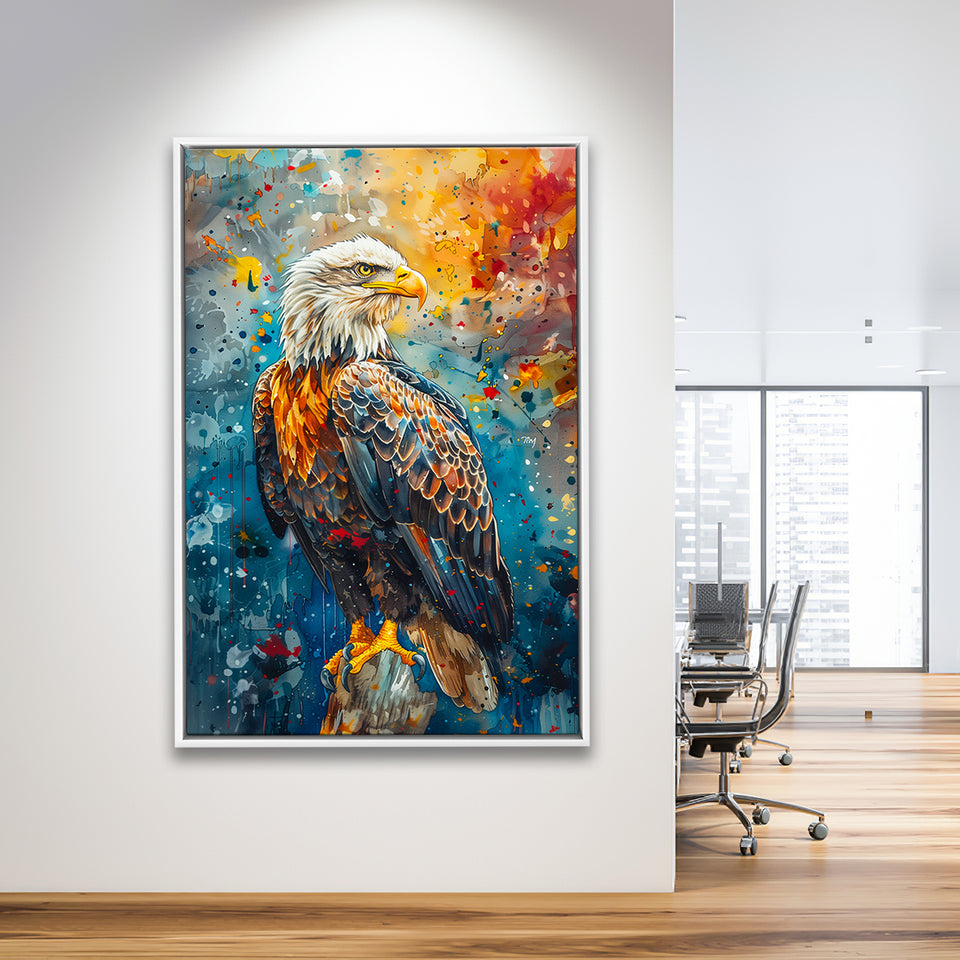 Bald Eagle Standing Art Watercolor Mixed Color, Framed Canvas Prints Wall Art Decor, Floating Frame