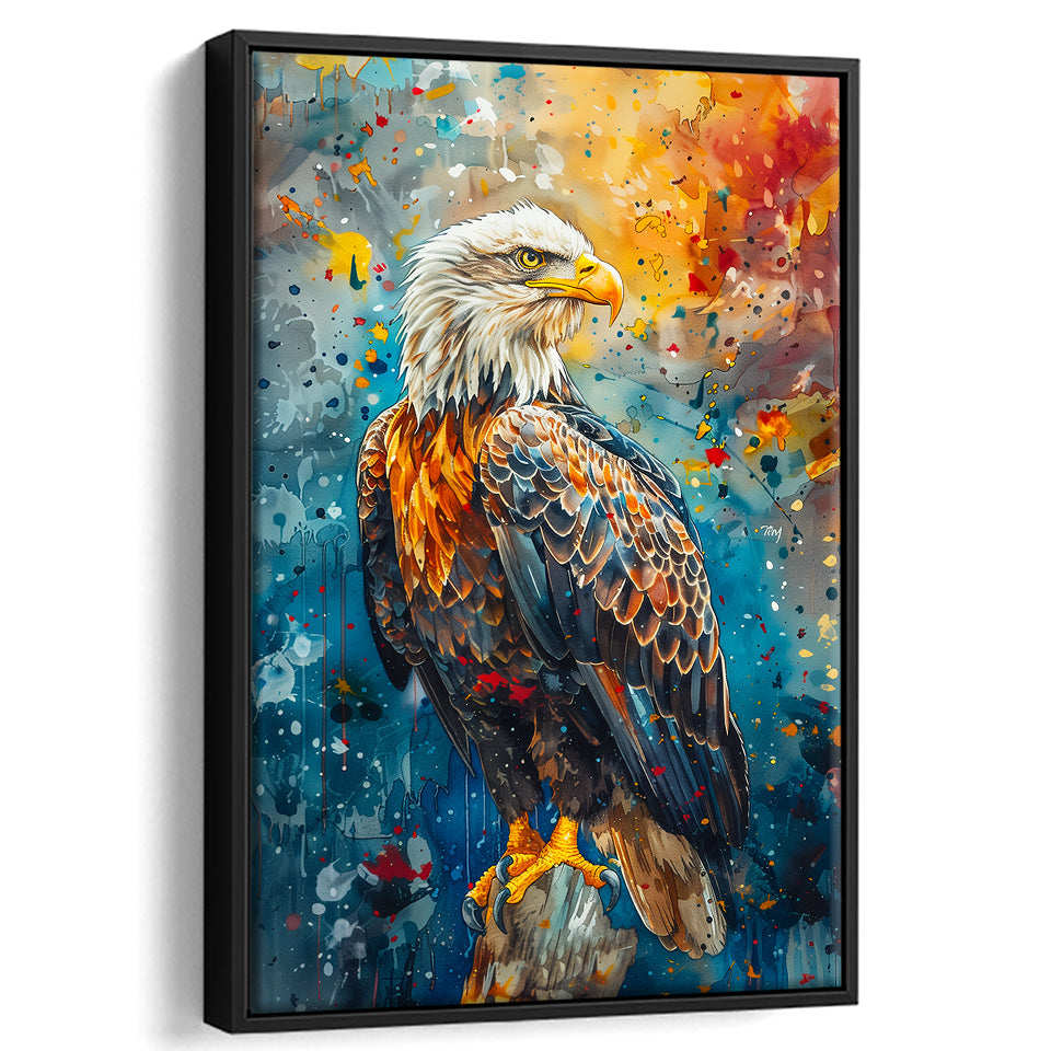 Bald Eagle Standing Art Watercolor Mixed Color, Framed Canvas Prints Wall Art Decor, Floating Frame