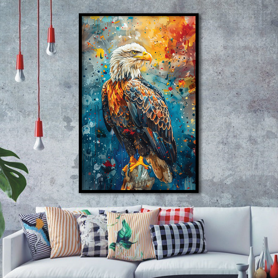 Bald Eagle Standing Art Watercolor Mixed Color, Framed Art Prints Wall Art Decor, Framed Picture Print