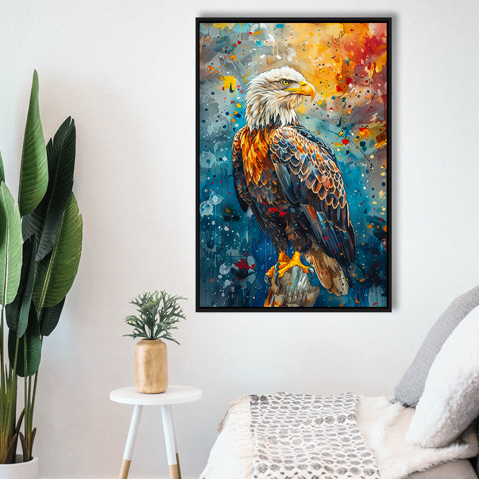Bald Eagle Standing Art Watercolor Mixed Color, Framed Canvas Prints Wall Art Decor, Floating Frame