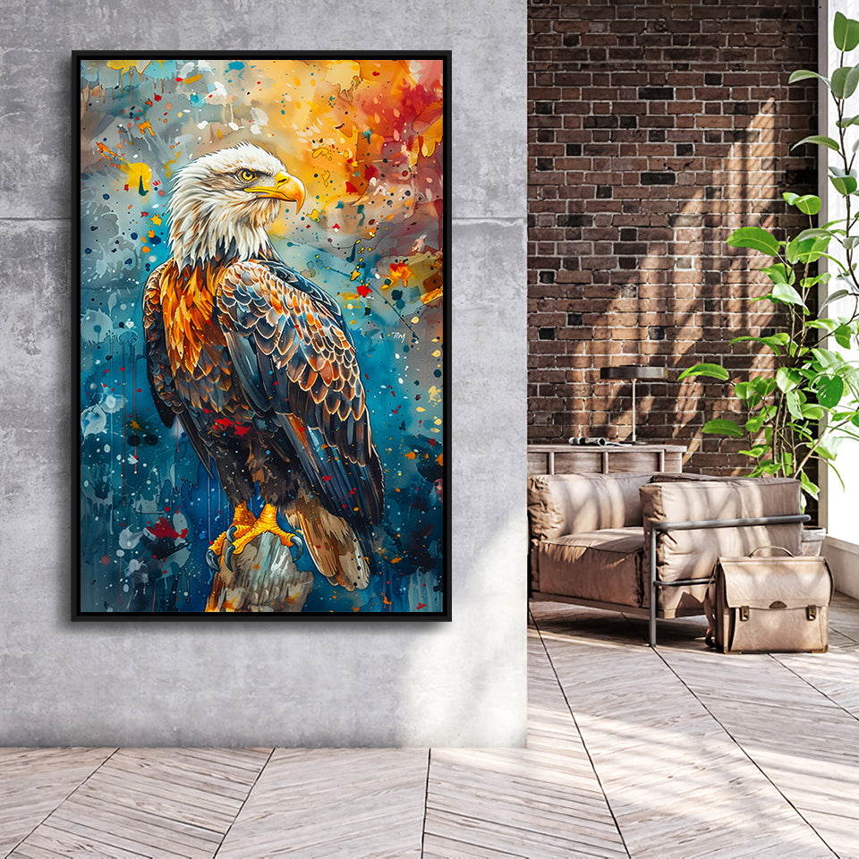 Bald Eagle Standing Art Watercolor Mixed Color, Framed Canvas Prints Wall Art Decor, Floating Frame