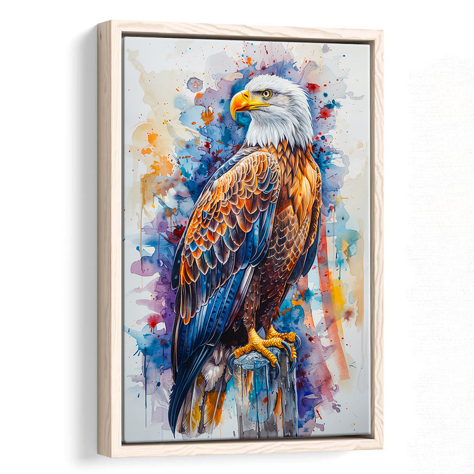 Bald Eagle Standing Colorful Watercolor Painting, Framed Canvas Prints Wall Art Decor, Floating Frame