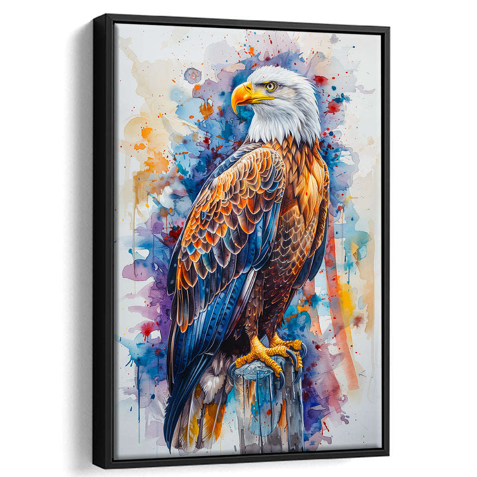 Bald Eagle Standing Colorful Watercolor Painting, Framed Canvas Prints Wall Art Decor, Floating Frame