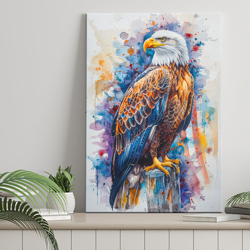 Bald Eagle Standing Colorful Watercolor Painting, Canvas Prints Wall Art Decor, Painting Canvas