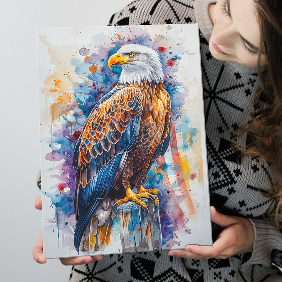 Bald Eagle Standing Colorful Watercolor Painting, Canvas Prints Wall Art Decor, Painting Canvas