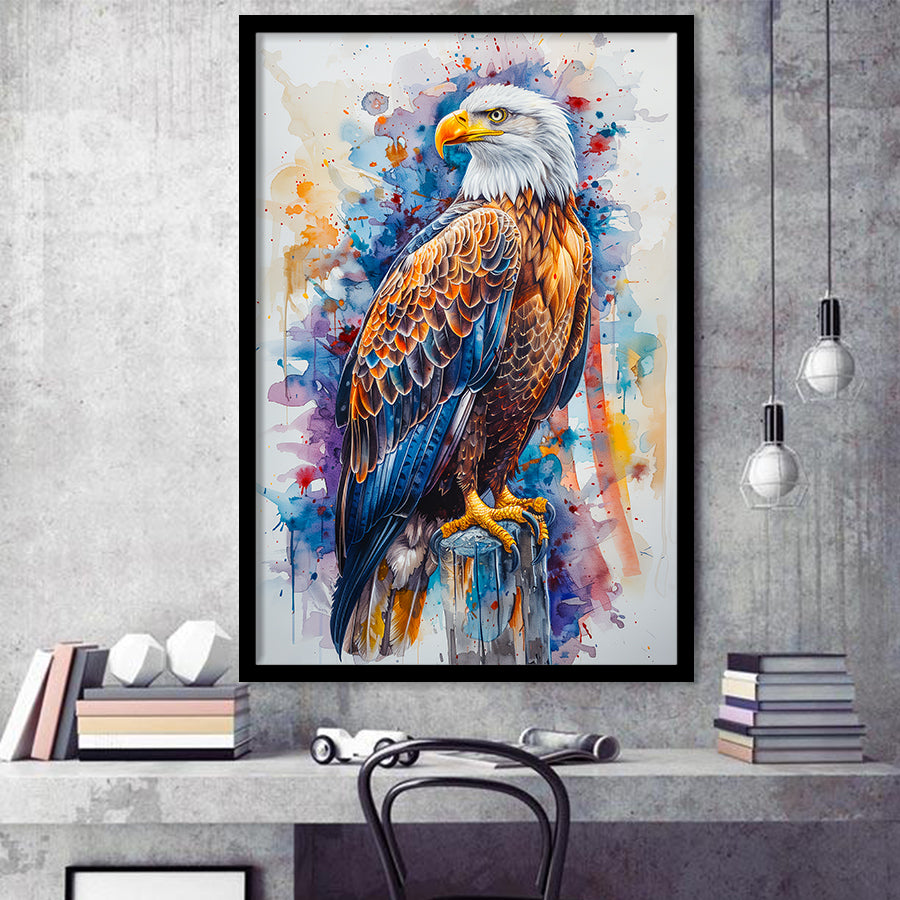 Bald Eagle Standing Colorful Watercolor Painting, Framed Art Prints Wall Art Decor, Framed Picture Print