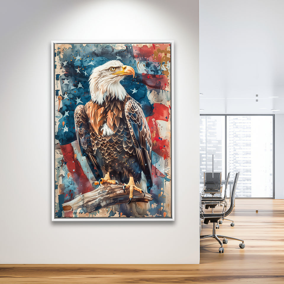 Bald Eagle Standing With American Flag Painting, Framed Canvas Prints Wall Art Decor, Floating Frame