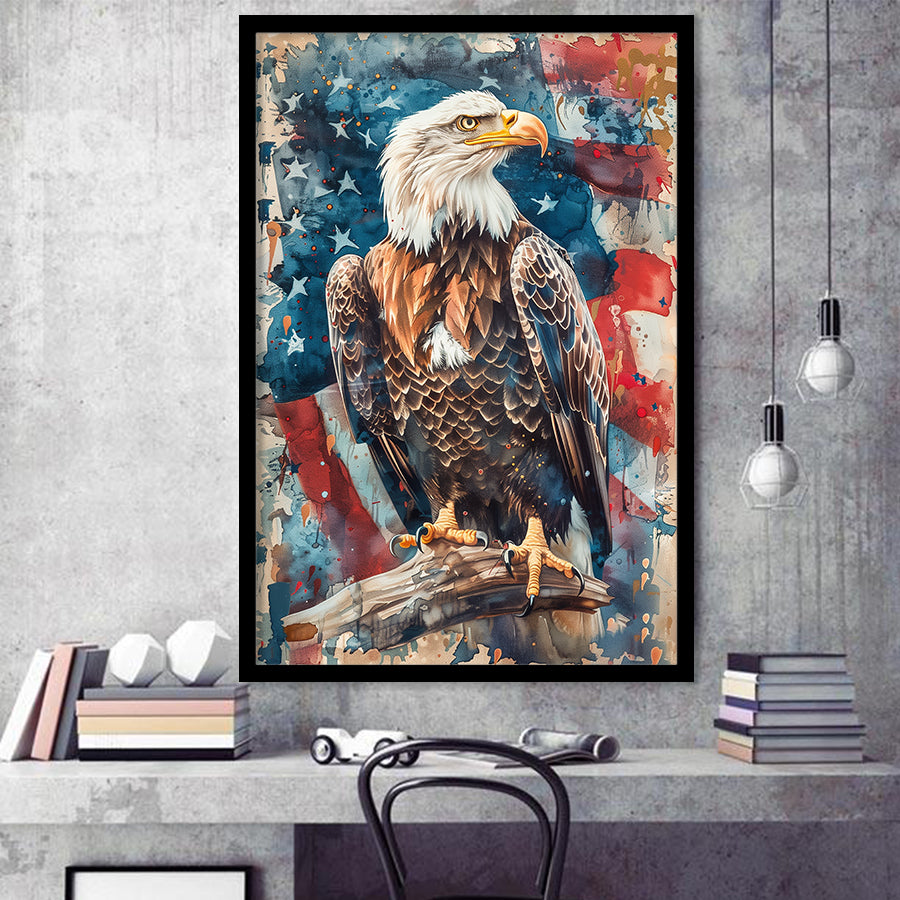 Bald Eagle Standing With American Flag Painting, Framed Art Prints Wall Art Decor, Framed Picture Print