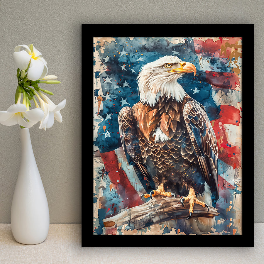 Bald Eagle Standing With American Flag Painting, Framed Art Prints Wall Art Decor, Framed Picture Print