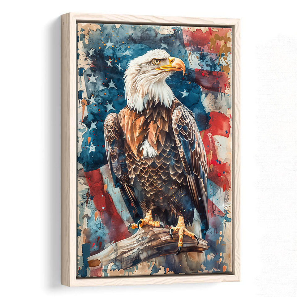 Bald Eagle Standing With American Flag Painting, Framed Canvas Prints Wall Art Decor, Floating Frame