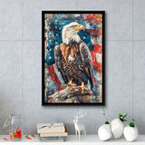 Bald Eagle Standing With American Flag Painting, Framed Canvas Prints Wall Art Decor, Floating Frame