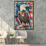 Bald Eagle Standing With American Flag Painting, Framed Canvas Prints Wall Art Decor, Floating Frame