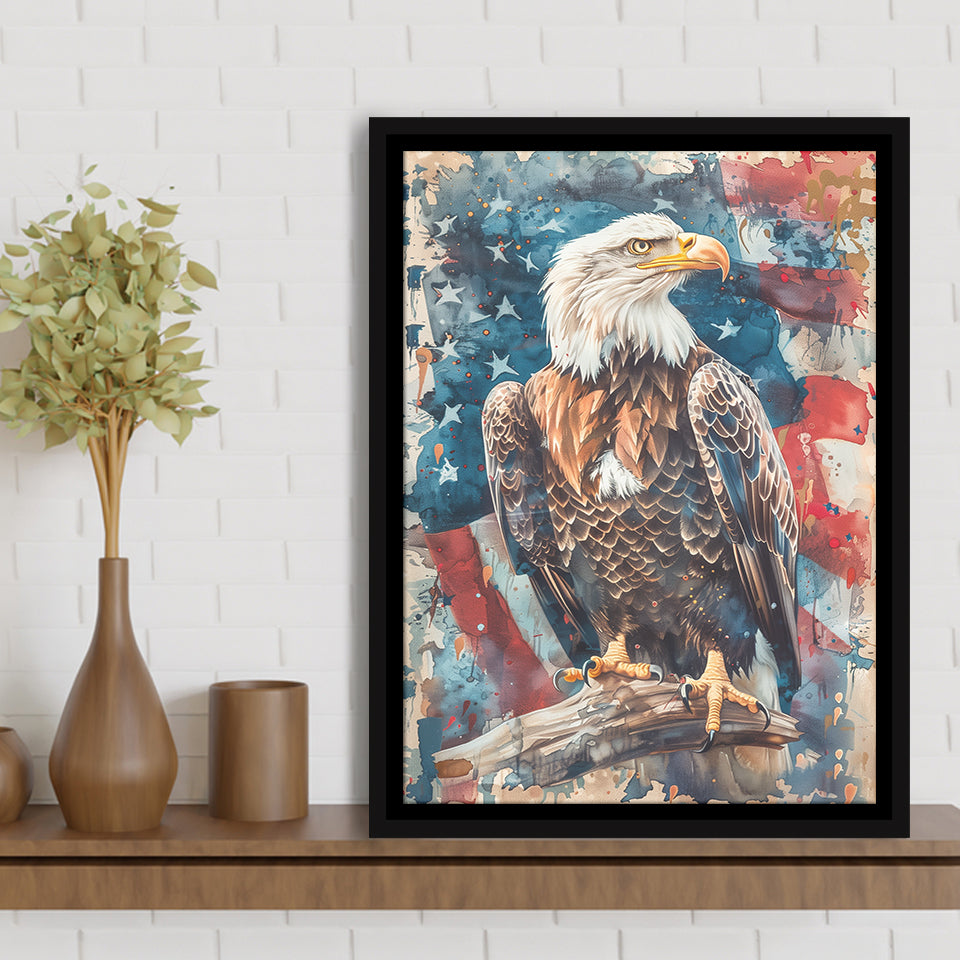 Bald Eagle Standing With American Flag Painting, Framed Canvas Prints Wall Art Decor, Floating Frame