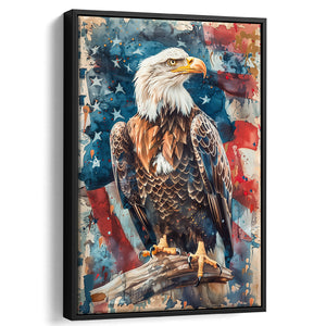 Bald Eagle Standing With American Flag Painting, Framed Canvas Prints Wall Art Decor, Floating Frame