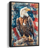 Bald Eagle Standing With American Flag Painting, Framed Canvas Prints Wall Art Decor, Floating Frame