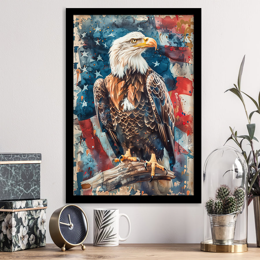 Bald Eagle Standing With American Flag Painting, Framed Art Prints Wall Art Decor, Framed Picture Print
