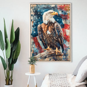 Bald Eagle Standing With American Flag Painting, Framed Canvas Prints Wall Art Decor, Floating Frame