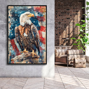 Bald Eagle Standing With American Flag Painting, Framed Canvas Prints Wall Art Decor, Floating Frame